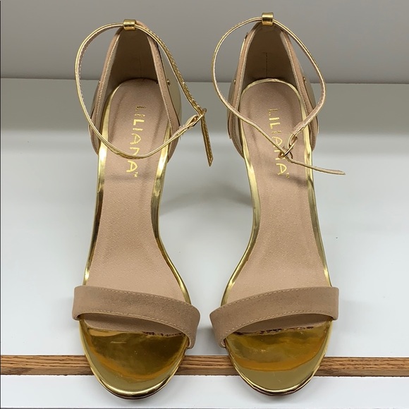 Liliana sz 9 sandal 4.5” heel tan and gold - Picture 1 of 8